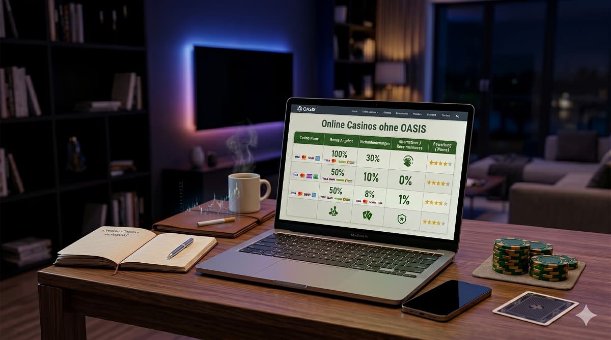 Ein Laptop auf einem Holzschreibtisch zeigt eine Vergleichstabelle für Online Casinos ohne OASIS mit Bonusangeboten und Bewertungen, umgeben von einem Notebook, einer dampfenden Tasse, einer Zigarette und Jetons in einem modern eingerichteten Heimbüro bei Nacht.